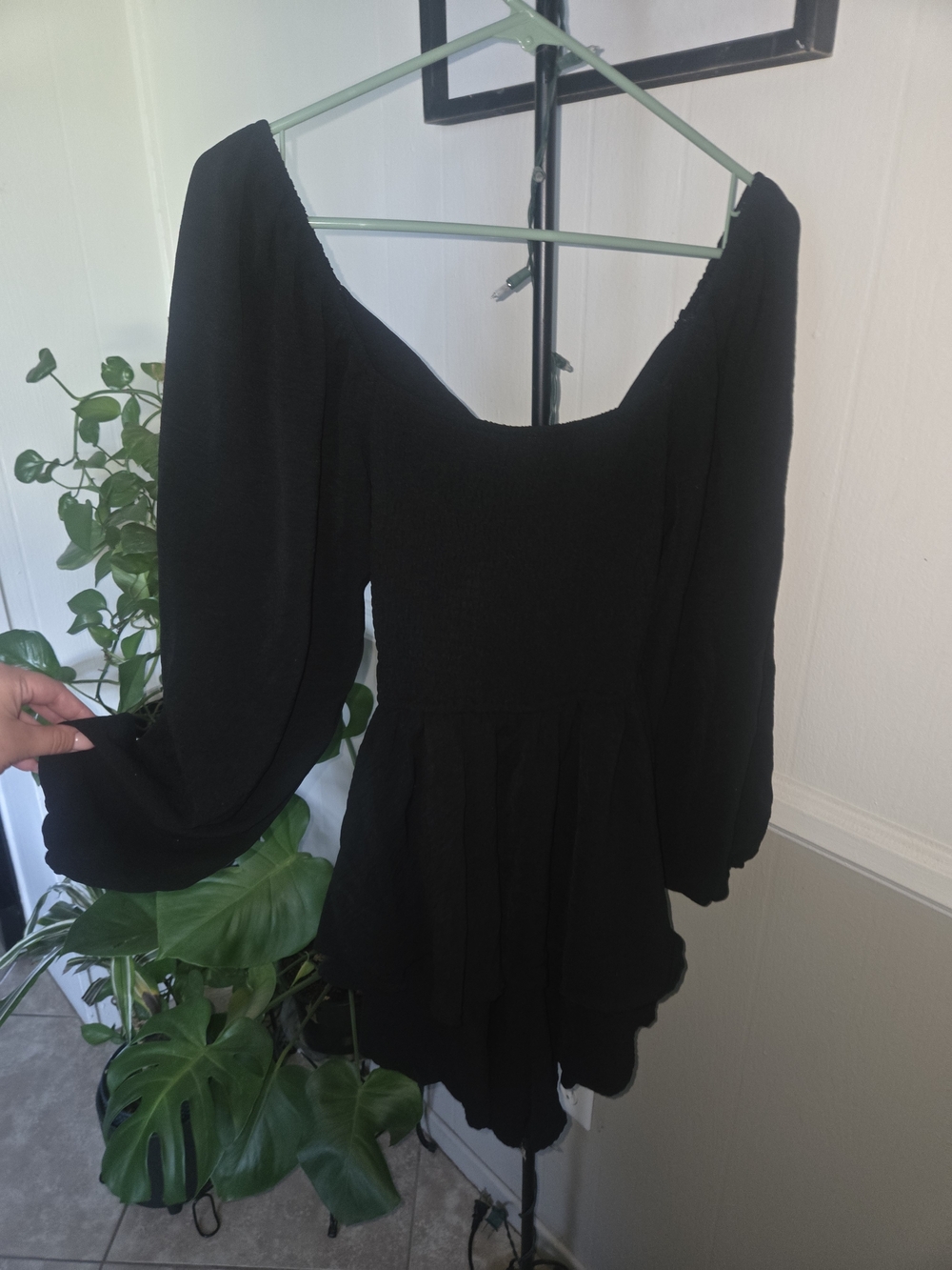 Women’s Black Long-Sleeve Romper with Puff Shoulders